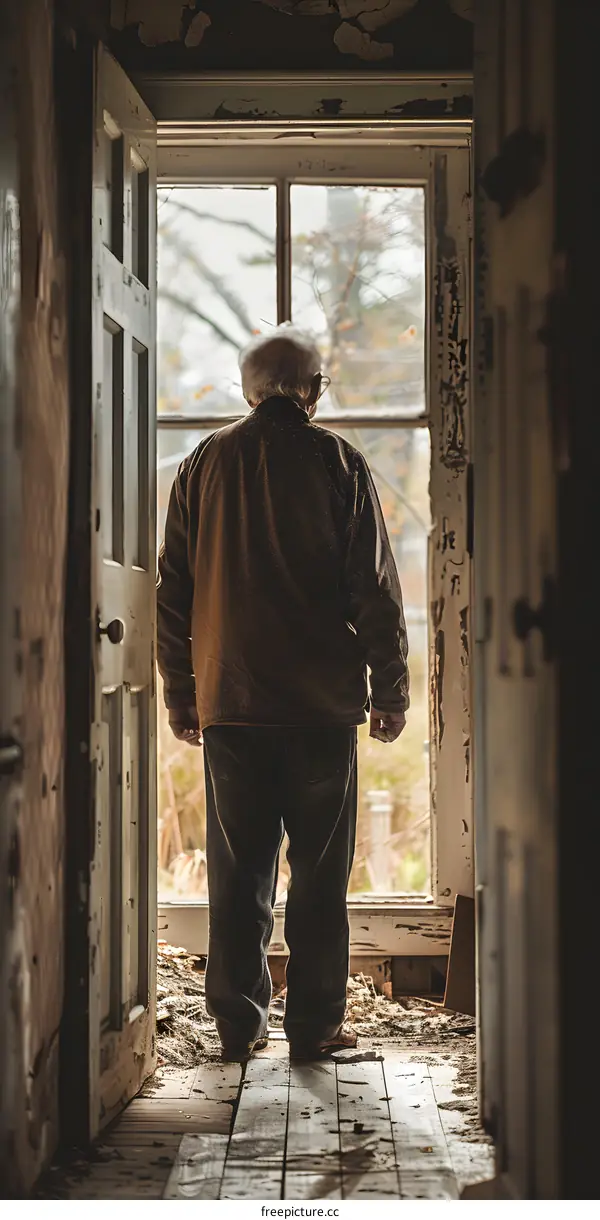An old man standing in a doorway looking out at the world