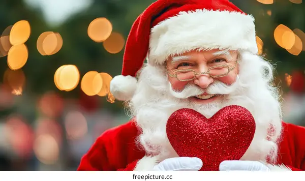 Santa Claus holding a red heart for Christmas