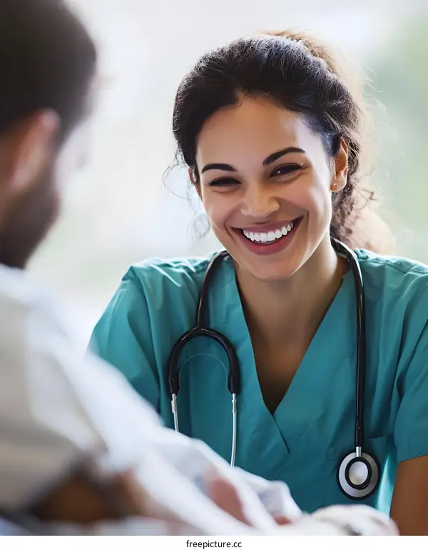 Smiling Female Doctor Talking To Patient In Hospital Room