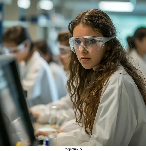 A female scientist wearing safety goggles looks at the camera while working in a laboratory