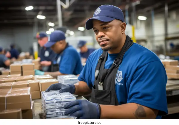 Black man wearing blue cap and gloves working in factory