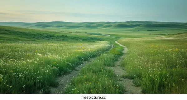 Dirt road through a lush green prairie landscape