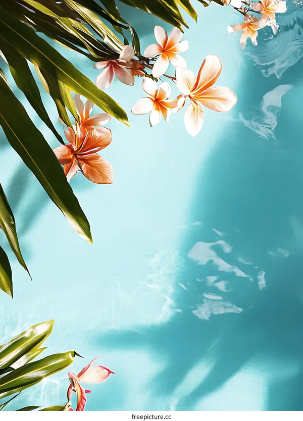 Tropical Floral Background with Blue Water and Palm Leaves