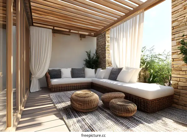 Modern Outdoor Patio With Wicker Furniture And White Curtains