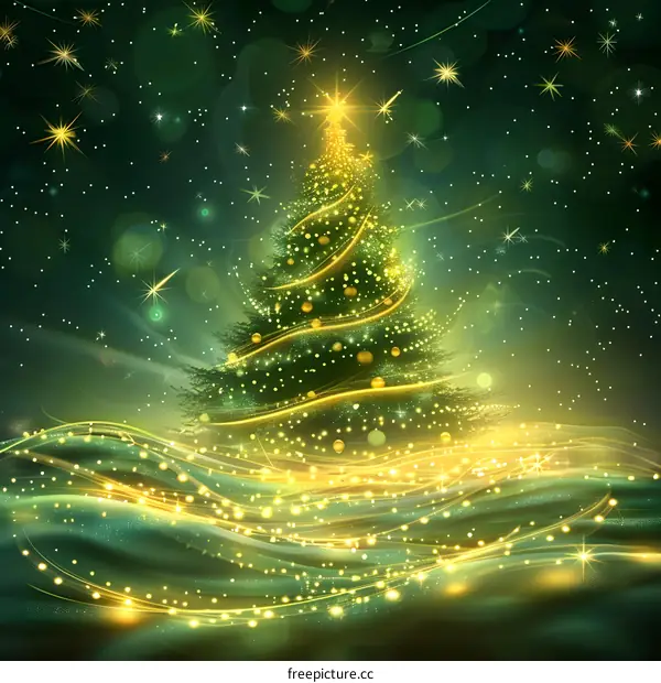 Christmas tree with glowing lights and stars in the night sky