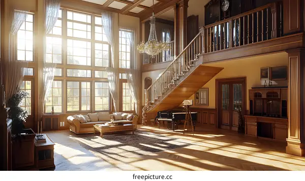 Sunlight Streaming Through Large Windows in a Grand Living Room