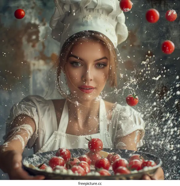 woman in white chef uniform with tomatoes and flour in the air