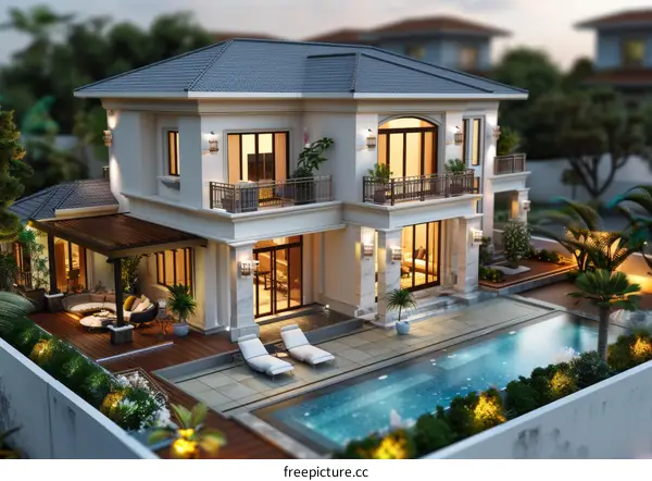 Luxury Villa with Pool and Garden Exterior Design Illustration