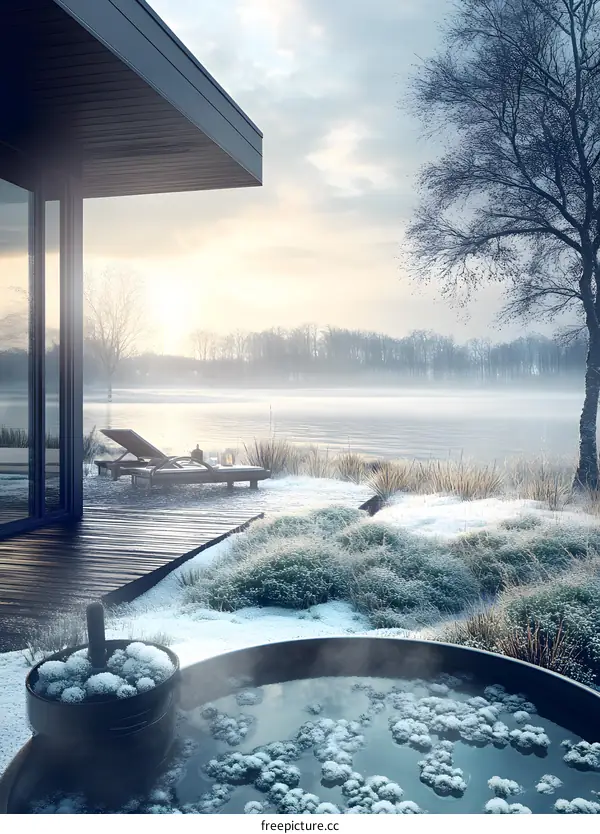 Winter Scenery with Hot Tub and Deck