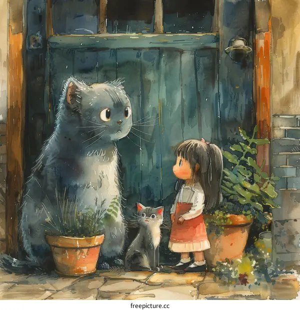 Girl with Two Cats Watercolor Painting