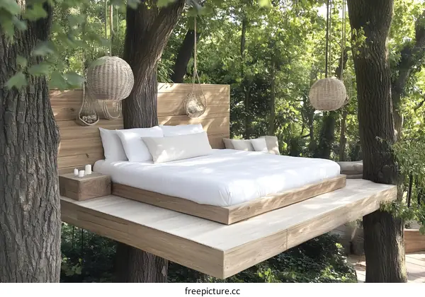 Treehouse Bed with White Bedding and Hanging Lanterns