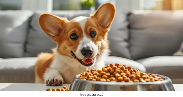 A cute corgi puppy eagerly awaits his food