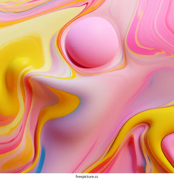 Pink and yellow abstract painting with a pink sphere
