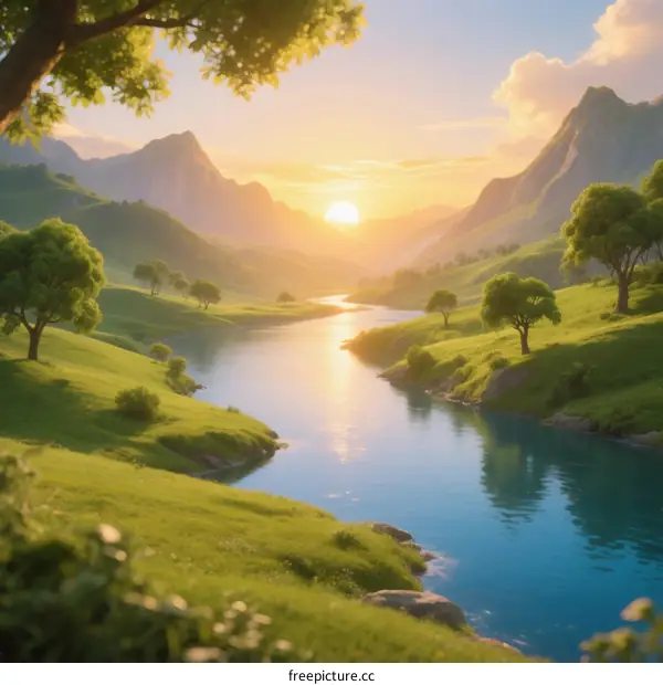 Beautiful mountain landscape with river and sunset