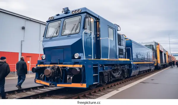 A blue and yellow train is on the tracks with a person walking in front of it