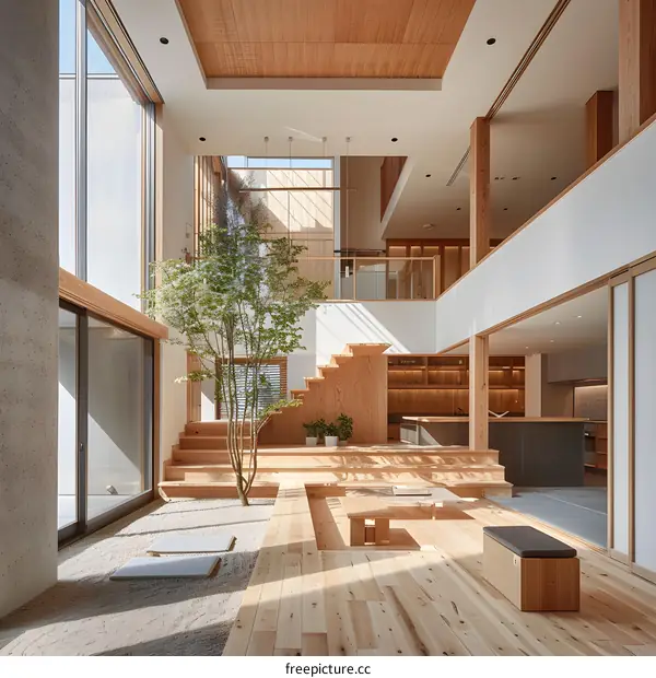 Modern Japanese House with Zen Garden and Wooden Stairs