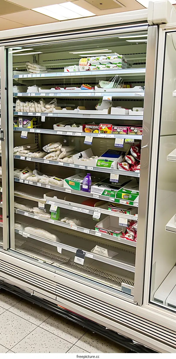Refrigerator Display of Frozen Food Products in a Supermarket