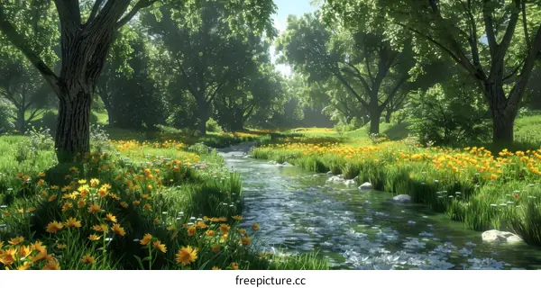 Small River Flowing through a Lush Field