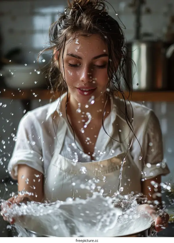 Young woman getting splashed with water in the kitchen