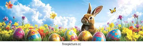 Easter Bunny in a Colorful Floral Meadow with Eggs