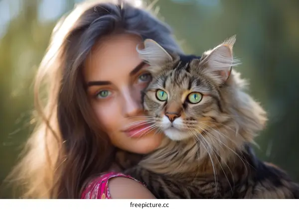 portrait of a beautiful young woman with a Maine Coon cat