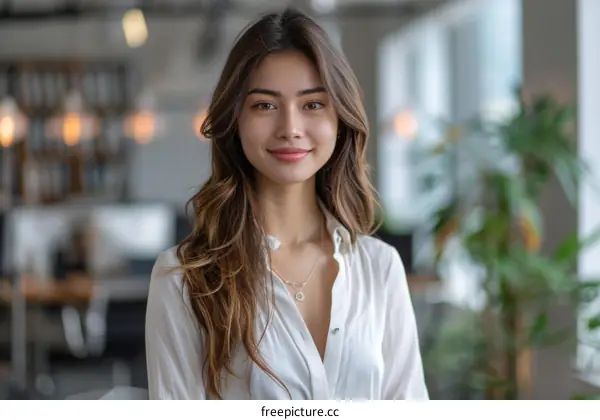 Portrait of a young Asian woman smiling in an office