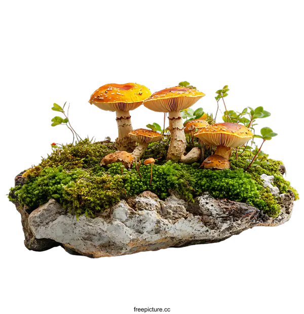 [Transparent Background PNG]Group of Yellow Mushrooms Growing on Moss Covered Rock