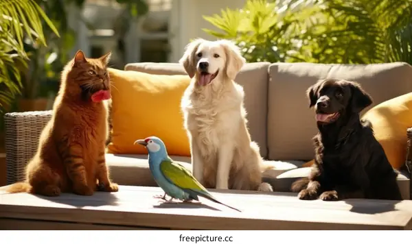 Ginger Cat, Parrot, Golden Retriever, and Black Labrador on Couch