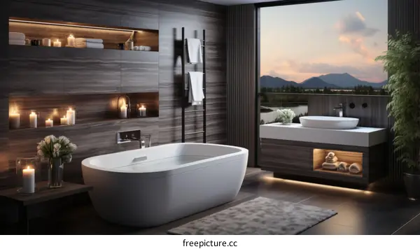 Bathroom with a view of the mountains and lake