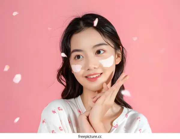 Asian Woman with Facial Mask and Pink Background