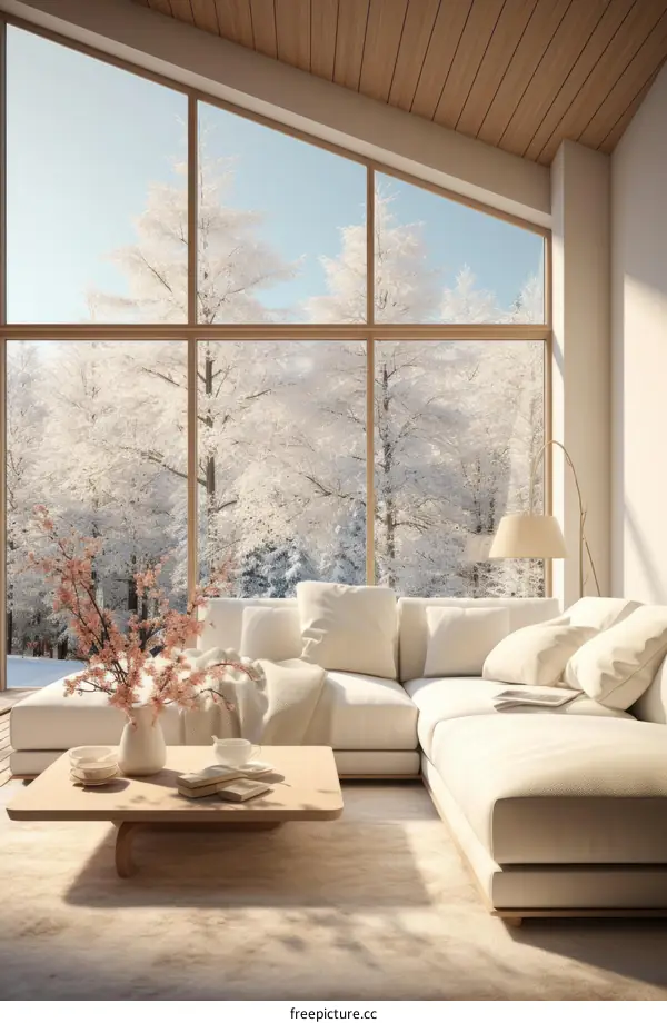 A modern living room with a large window looking out onto a snowy forest