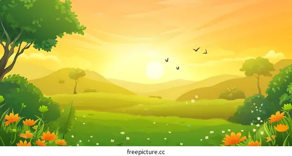Beautiful Sunset Landscape Illustration With Green Grass, Hills, And Flowers
