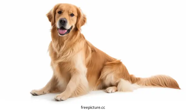 A Golden Retriever sits on a white background