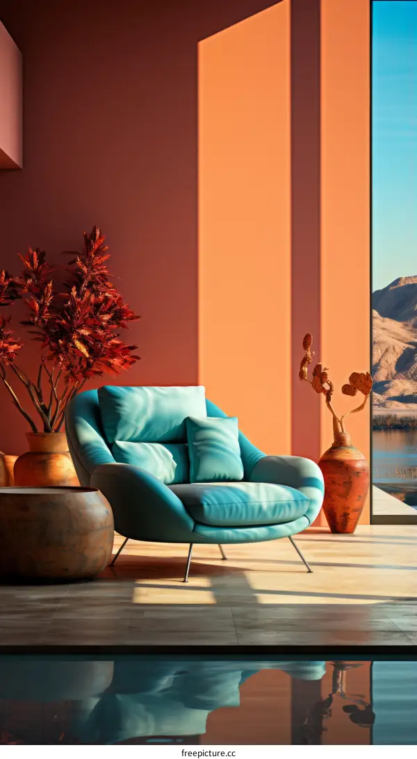 A blue armchair in a room with orange walls and a large window