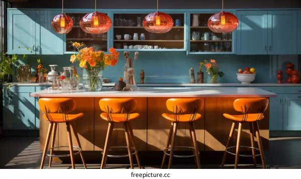 Blue and orange kitchen with flowers on the counter
