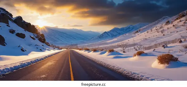 Winter Road Through Snowy Mountain Landscape at Sunset