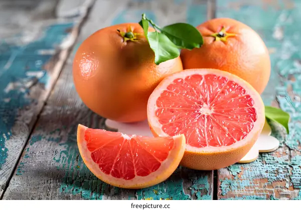 Fresh Grapefruit Slices on Wooden Background