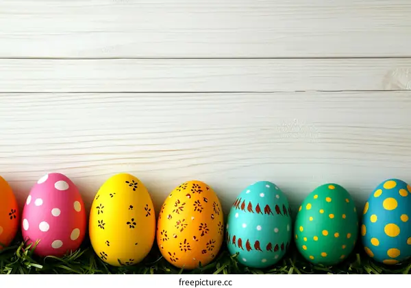 Colorful Easter Eggs on a White Wooden Background