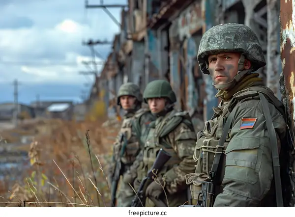 Three soldiers in green uniform with rifles standing in front of a ruined building