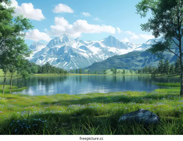 Tranquil Mountain Lake and Lush Green Field