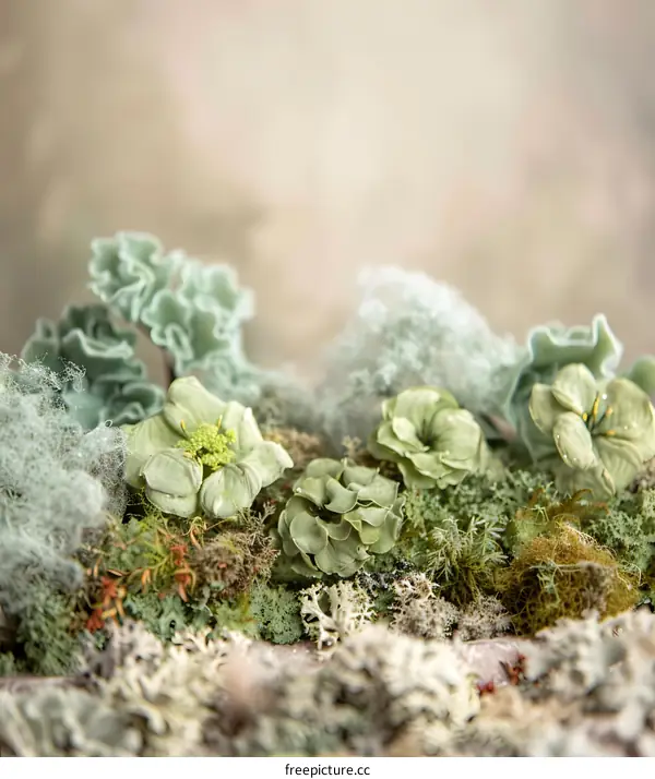 Green Flowers and Moss Close Up