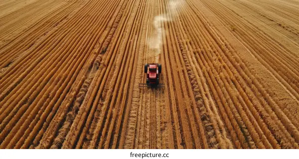 Red Tractor Harvesting Golden Wheat Field Aerial View