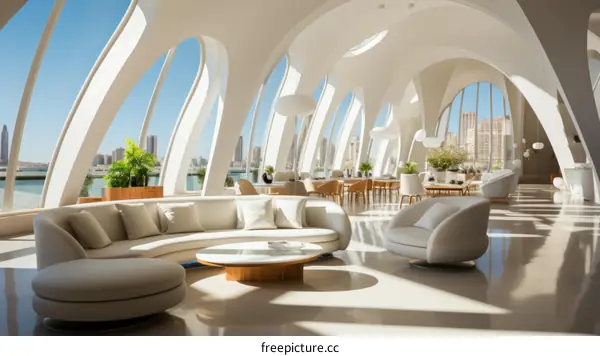 Futuristic interior space with curved walls and large windows
