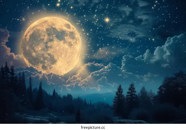 full moon night sky landscape with bright stars and dark clouds