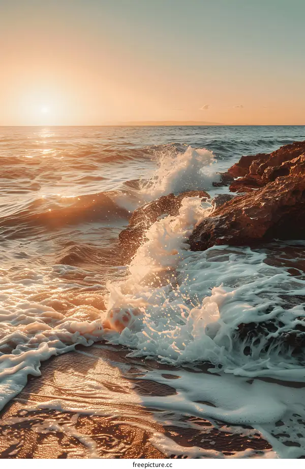 Sunset Over the Ocean with Waves Crashing on Rocks