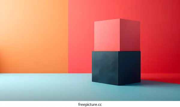 3D rendering of two cubes on a blue plane with a red and orange background