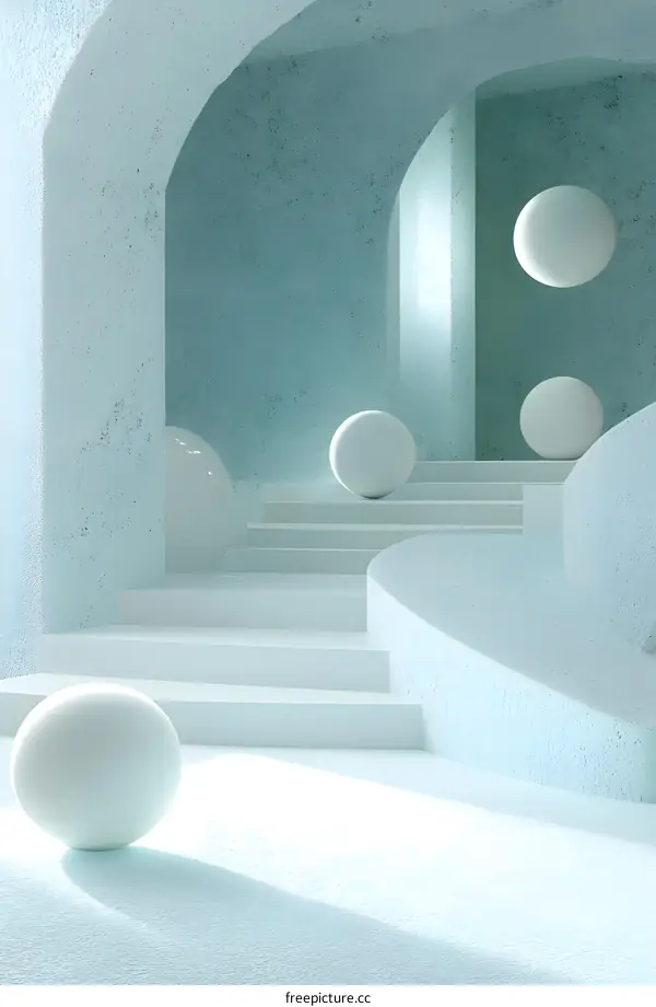 Abstract 3D Rendering of Modern Minimalist Design with White Spheres and Steps