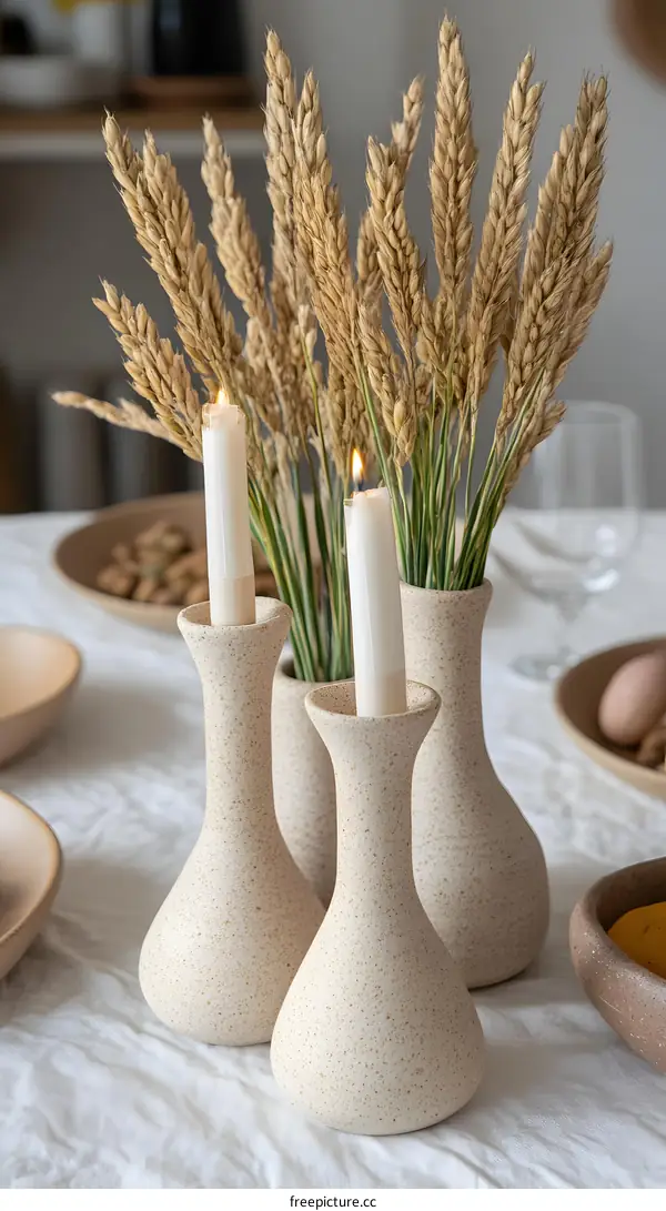 Ceramic Candle Holders with Dried Wheat Spikes