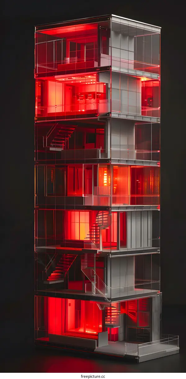 Transparent Building Model with Red Lights