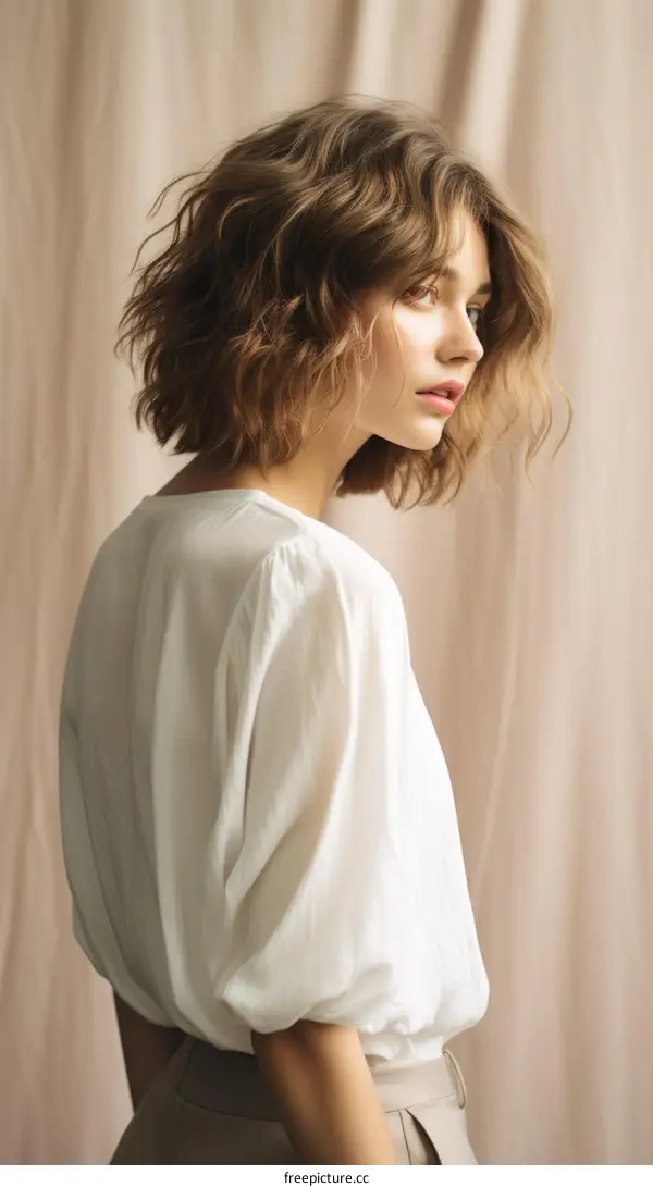Elegant Young Woman with Short Wavy Hair Wearing White Blouse